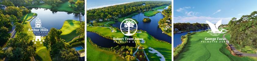 collage of aerial views of the three golf courses at Palmetto Dunes Oceanfront Resort